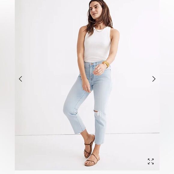Madewell Mid-Rise Classic Straight Jeans in Wellingfora Wash Knee-Rip Edition 25 - Picture 1 of 15
